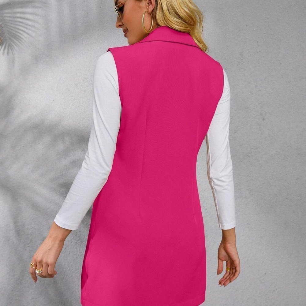 Hot Pink Preppy Womens Solid Lapel Collar Open Front Vest Blazer - Picture 2 of 5